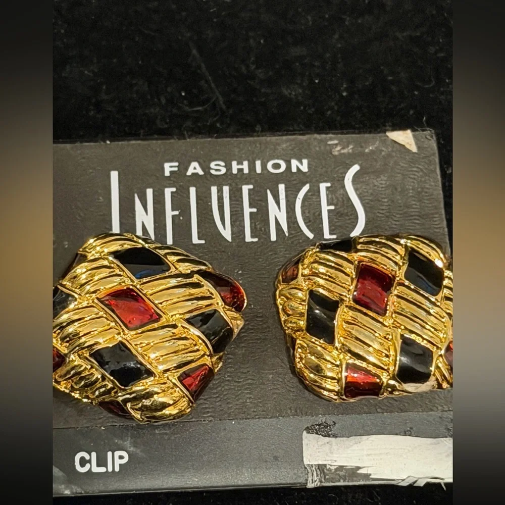 Gold Tone Clip-On Earrings with Red and Black Inlay